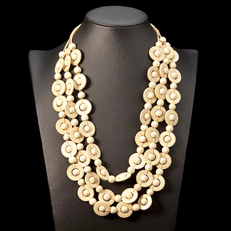 Bohemian Multi-Layered Wooden Bead Necklace-BEIGE-Nora Luxe