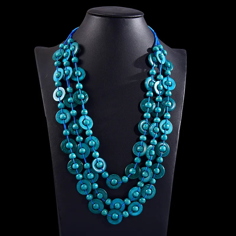 Bohemian Multi-Layered Wooden Bead Necklace-BLAU-Nora Luxe