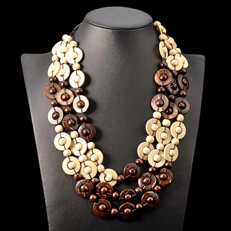 Bohemian Multi-Layered Wooden Bead Necklace-BRAUN BEIGE-Nora Luxe