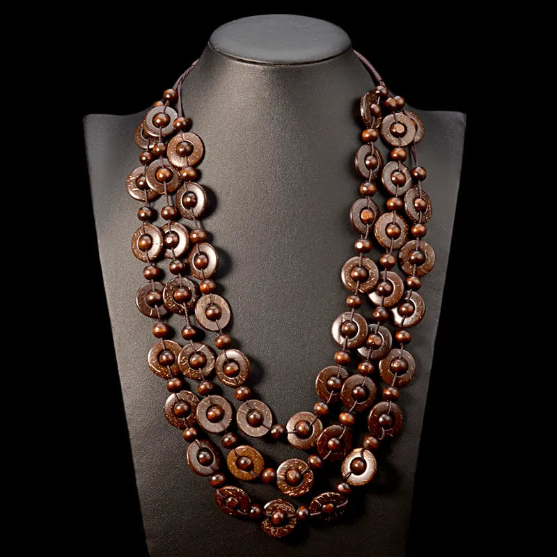 Bohemian Multi-Layered Wooden Bead Necklace-BRAUN-Nora Luxe