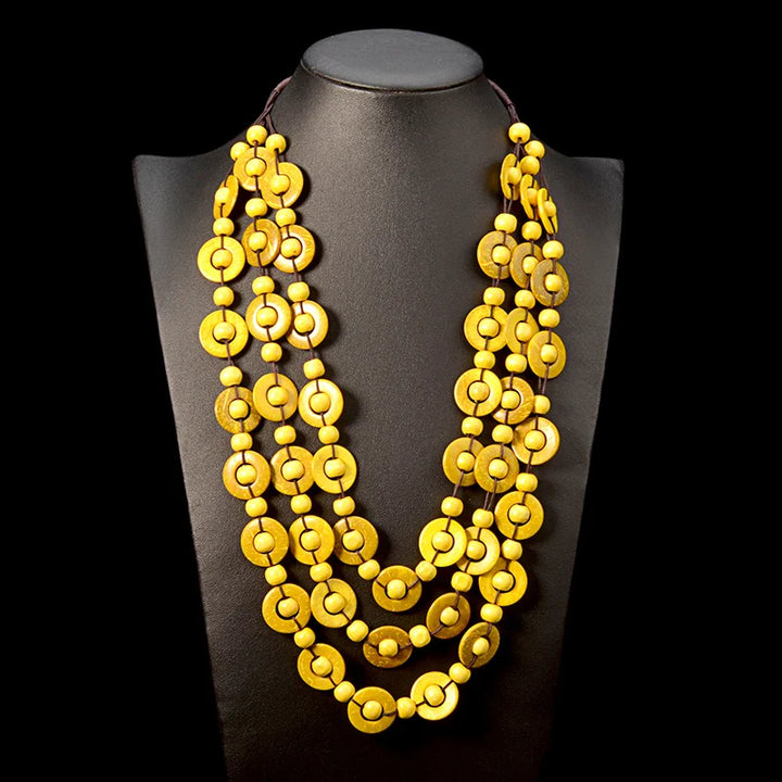 Bohemian Multi-Layered Wooden Bead Necklace-GELB-Nora Luxe