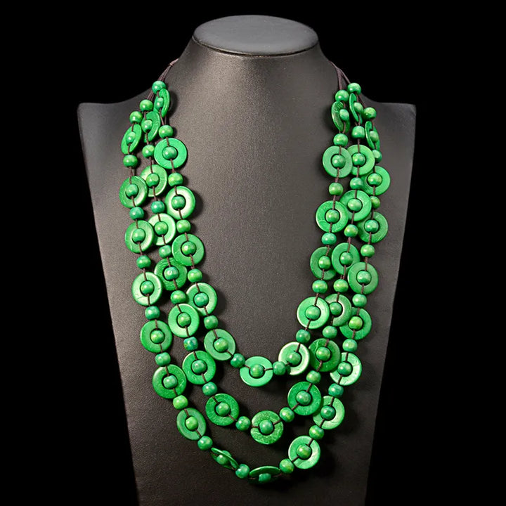 Bohemian Multi-Layered Wooden Bead Necklace-GRÜN-Nora Luxe
