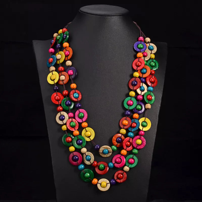 Bohemian Multi-Layered Wooden Bead Necklace-MEHRFARBIG-Nora Luxe