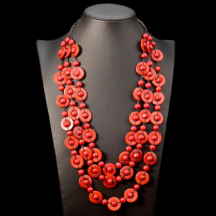 Bohemian Multi-Layered Wooden Bead Necklace-ORANGE-Nora Luxe