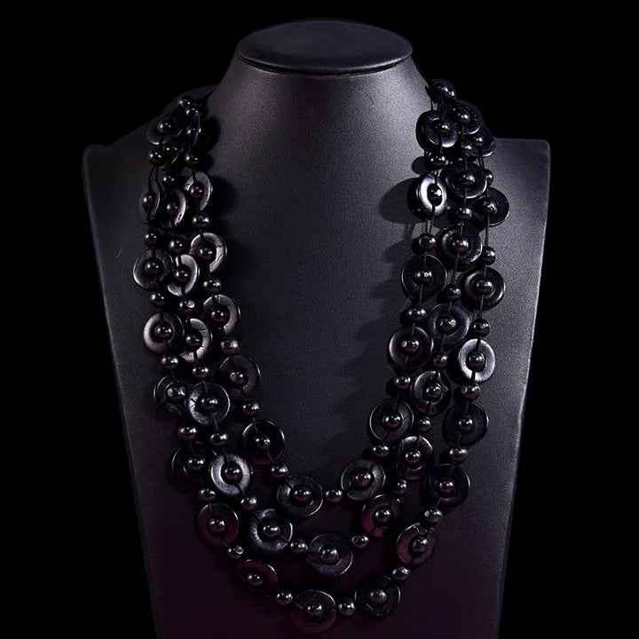 Bohemian Multi-Layered Wooden Bead Necklace-SCHWARZ-Nora Luxe