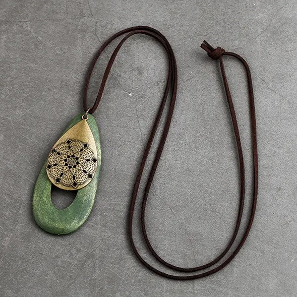 Bohemian Oval Wood Necklace | Natural Charm | Eco-Friendly-Green-Nora Luxe