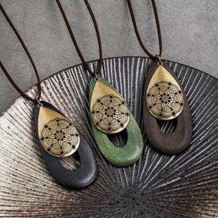Bohemian Oval Wood Necklace | Natural Charm | Eco-Friendly-Green-Nora Luxe