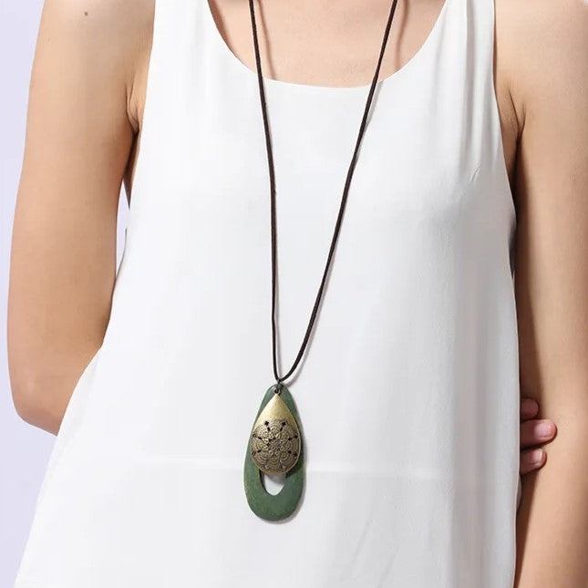 Bohemian Oval Wood Necklace | Natural Charm | Eco-Friendly-Green-Nora Luxe