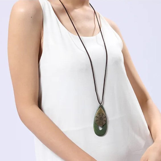 Bohemian Oval Wood Necklace | Natural Charm | Eco-Friendly-Green-Nora Luxe