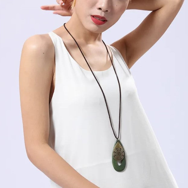 Bohemian Oval Wood Necklace | Natural Charm | Eco-Friendly-Green-Nora Luxe