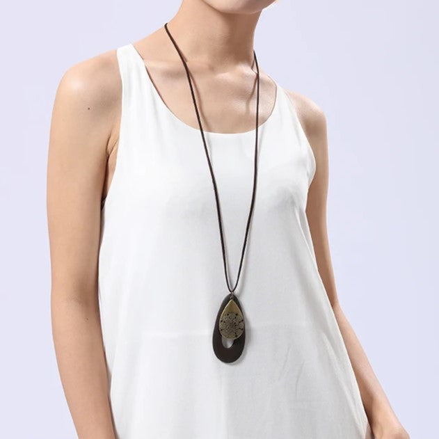 Bohemian Oval Wood Necklace | Natural Charm | Eco-Friendly-Green-Nora Luxe