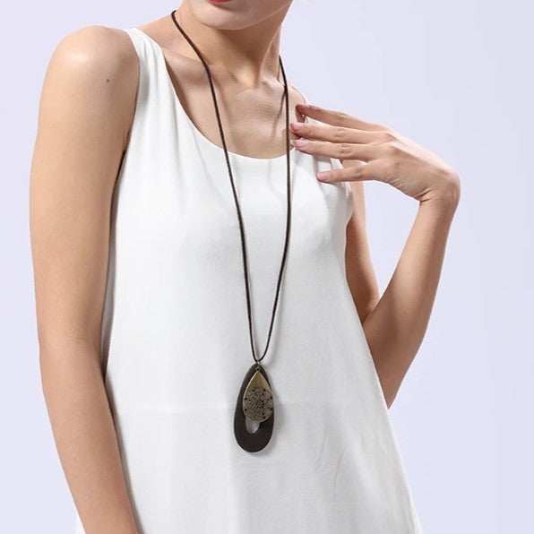 Bohemian Oval Wood Necklace | Natural Charm | Eco-Friendly-Green-Nora Luxe