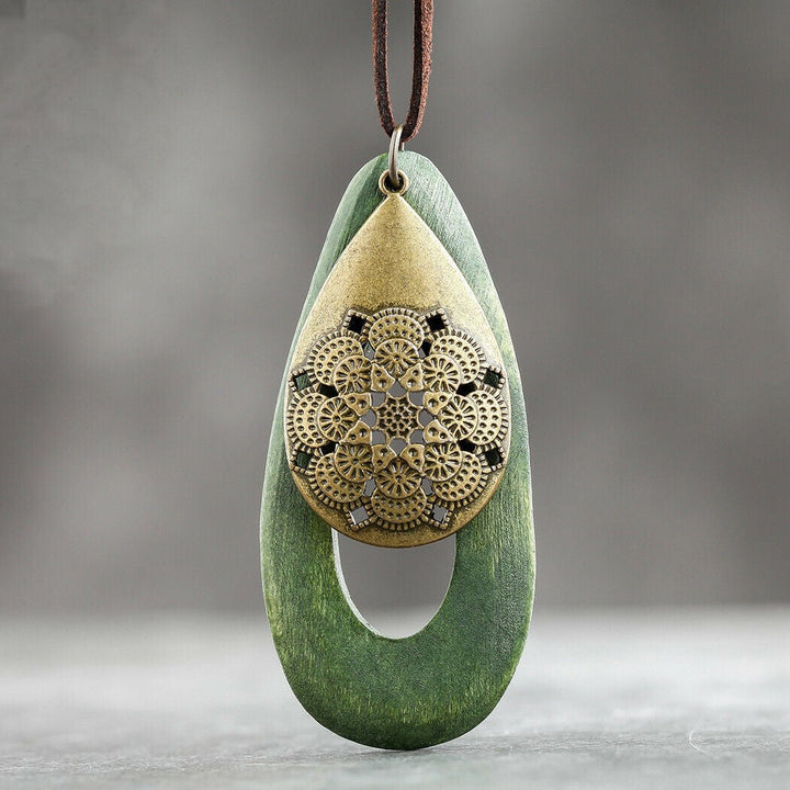 Bohemian Oval Wood Necklace | Natural Charm | Eco-Friendly-Green-Nora Luxe