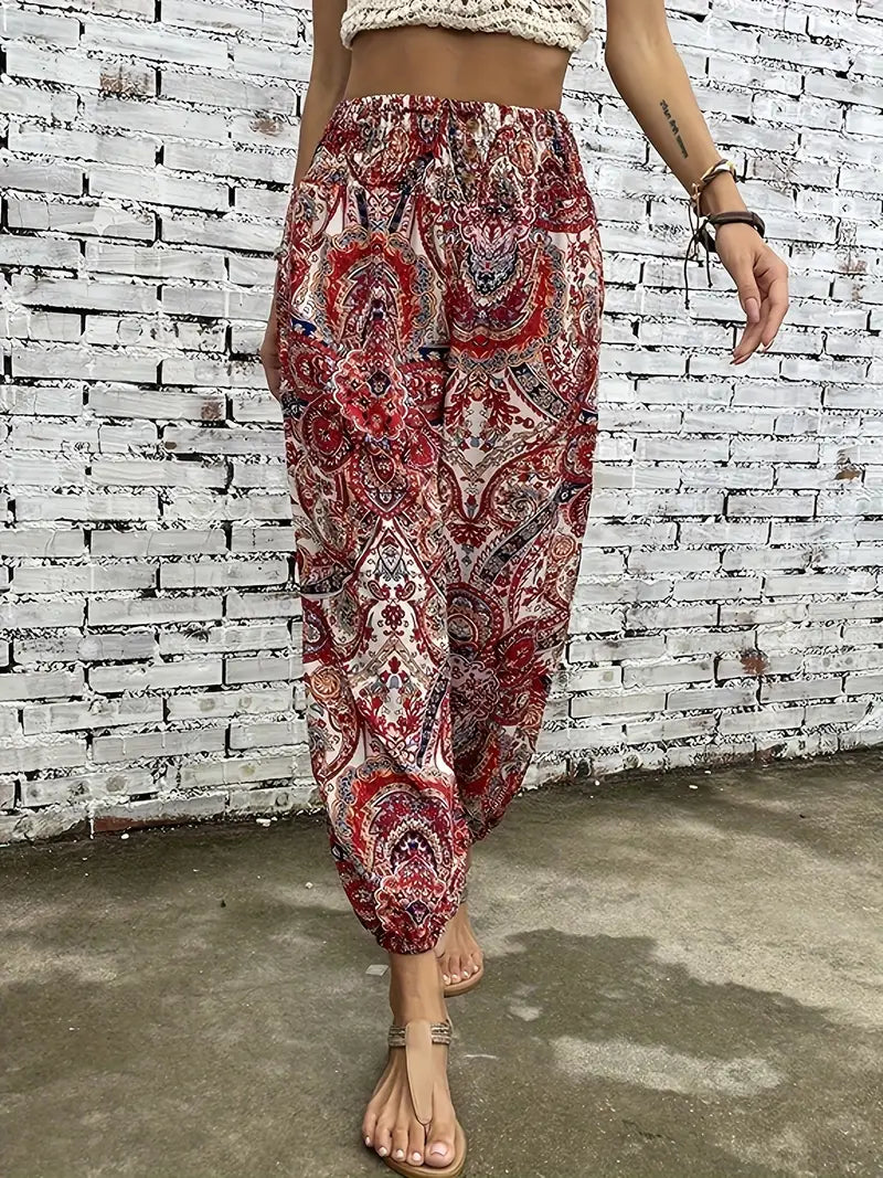 Boho-Chic Ladies Trousers with Graphic Print – Solara-S-Red-State of Style
