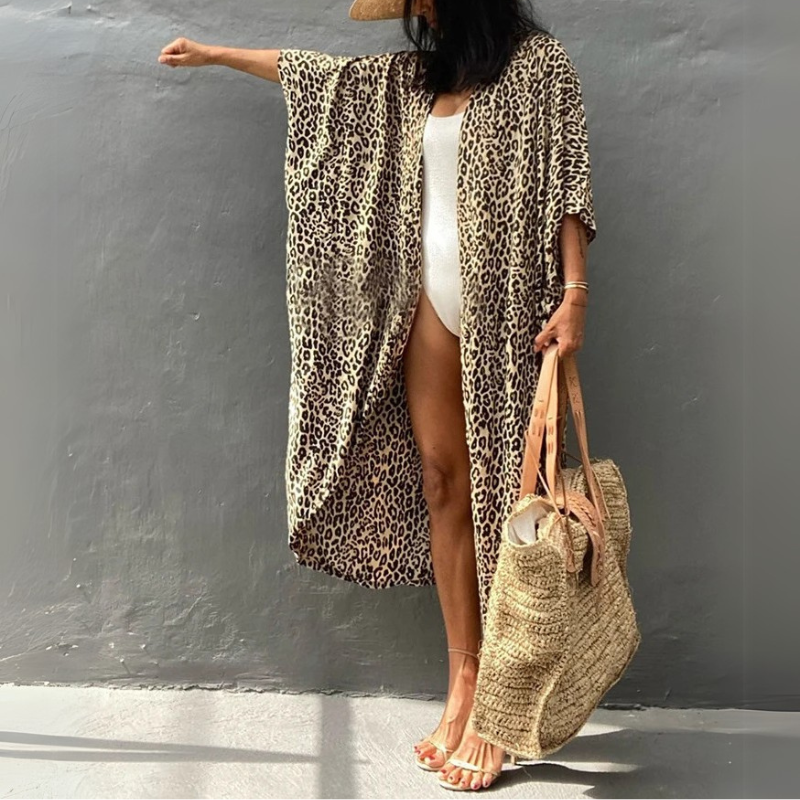 Boho Chiffon Beach Blouse with Kimono Sleeves – Ziva-Leopard-State of Style