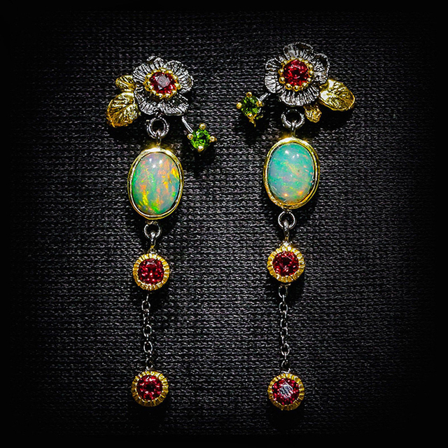 Boho Earrings with Opal and Red Zirconia - Elara-Nora Luxe