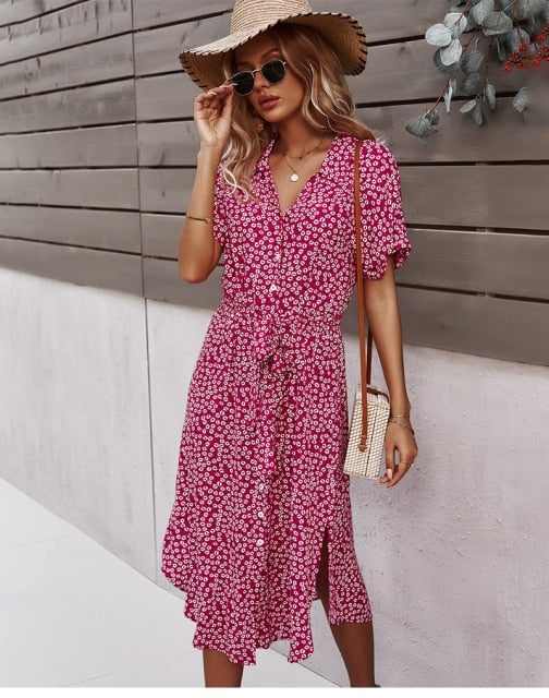 Boho Flower Midi Dress - Isla-Red-S-Nora Luxe
