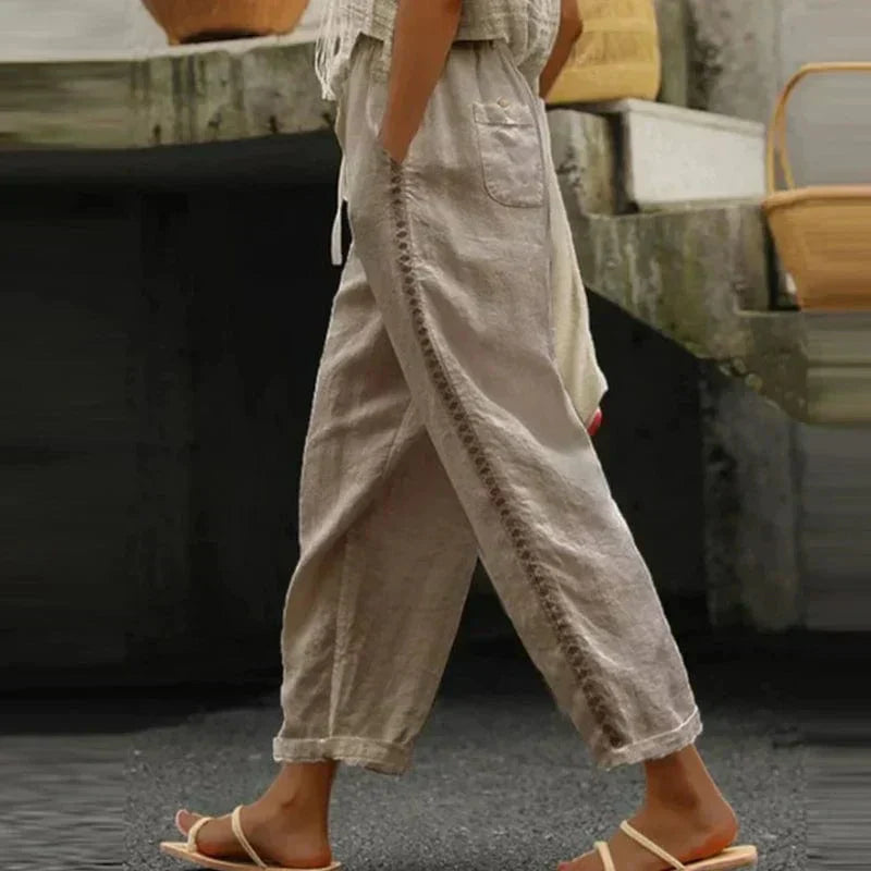 Boho Ladies Summer Trousers with Print – Solea-Khaki-S-State of Style