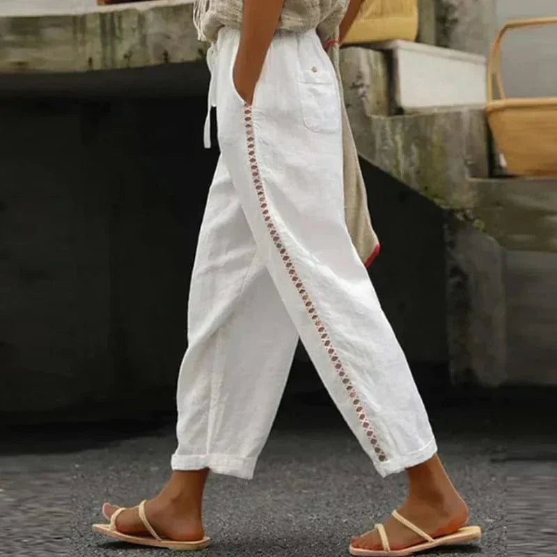Boho Ladies Summer Trousers with Print – Solea-White-S-State of Style