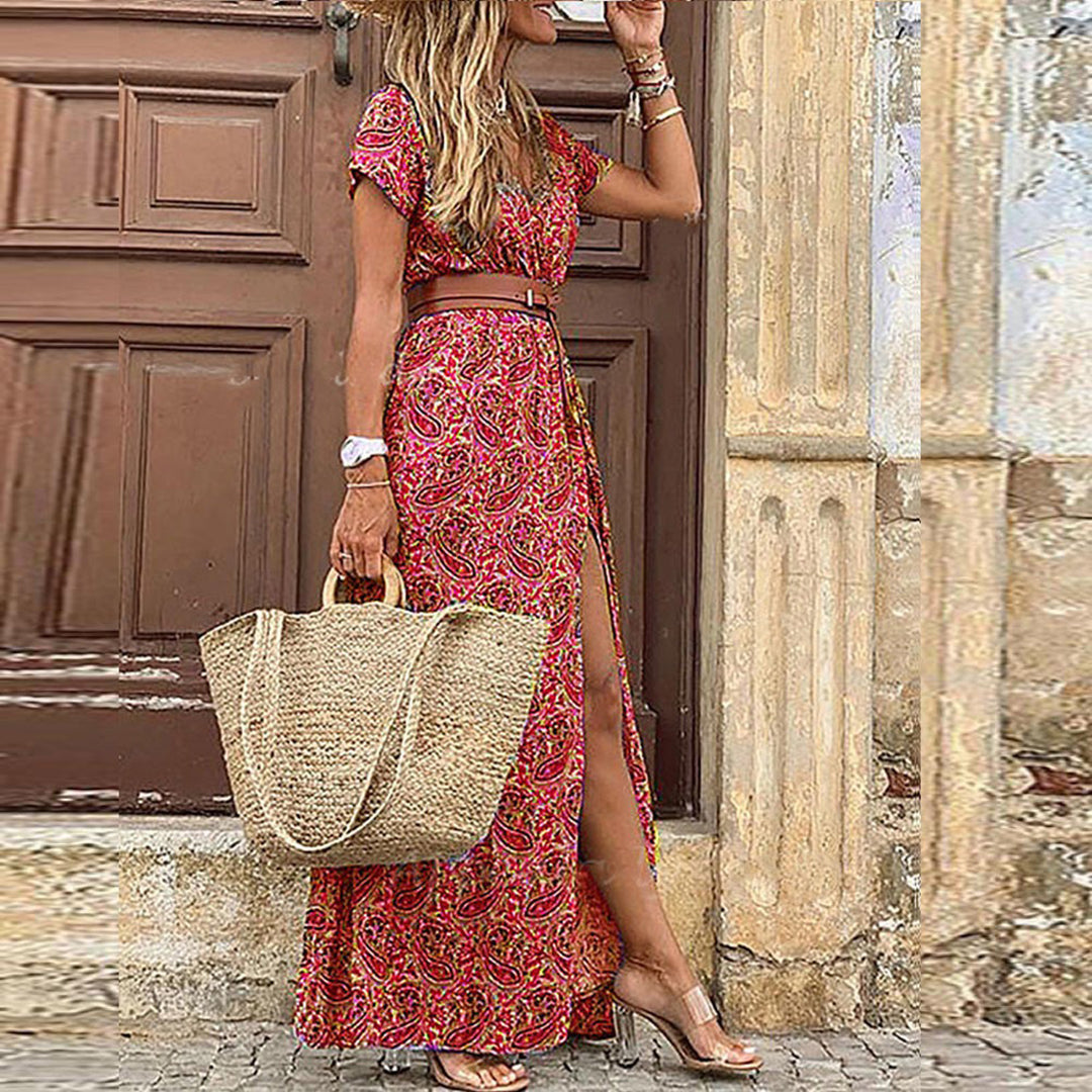 Boho Maxi Dress with Pattern for Women – Thalia-Dark red-S-Nora Luxe