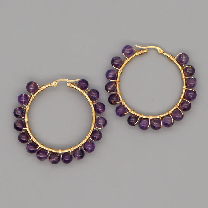 Boho Natural Crystals Large Hoop Earrings - Sanne-Amethyst-Nora Luxe