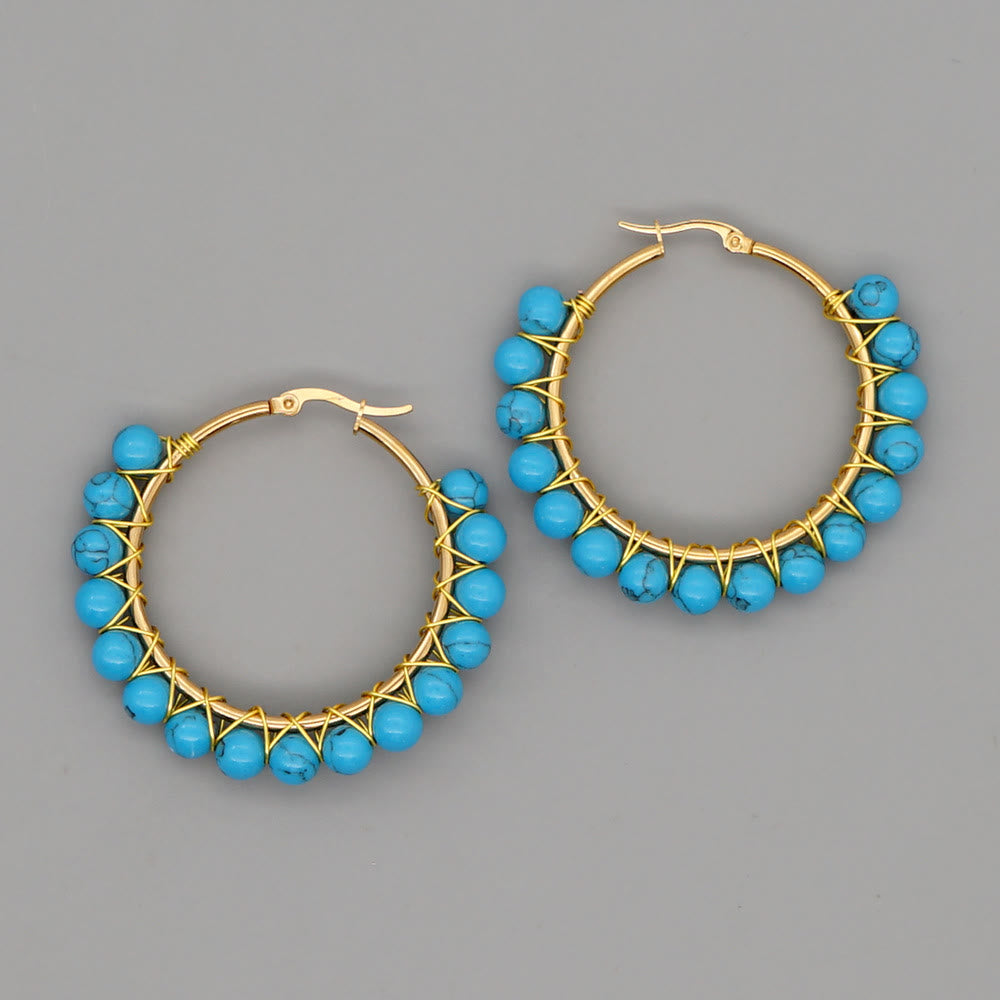 Boho Natural Crystals Large Hoop Earrings - Sanne-Blue Turquoise-Nora Luxe