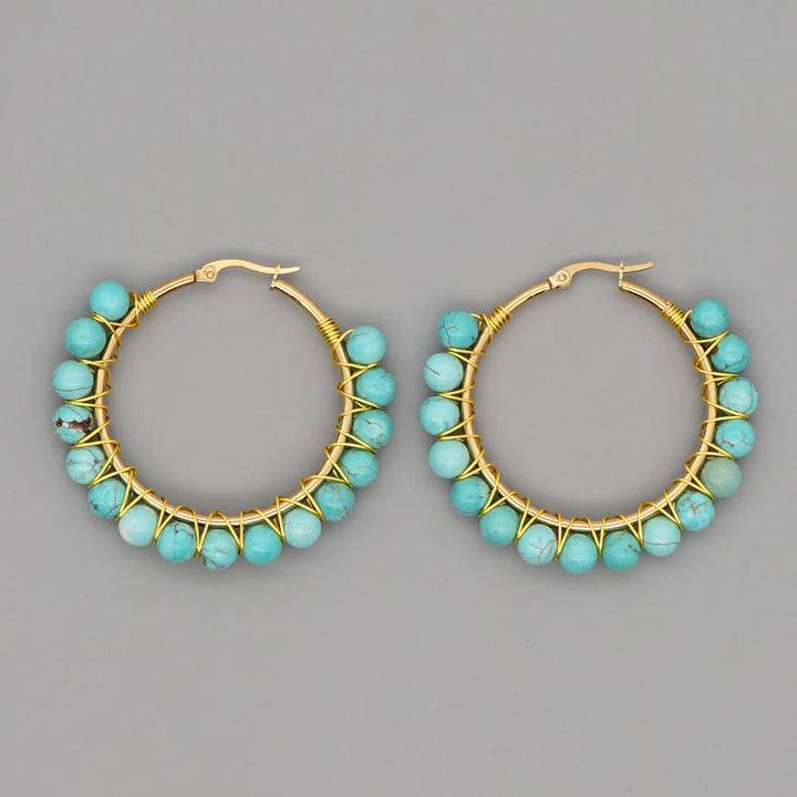 Boho Natural Crystals Large Hoop Earrings - Sanne-Green Turquoise-Nora Luxe