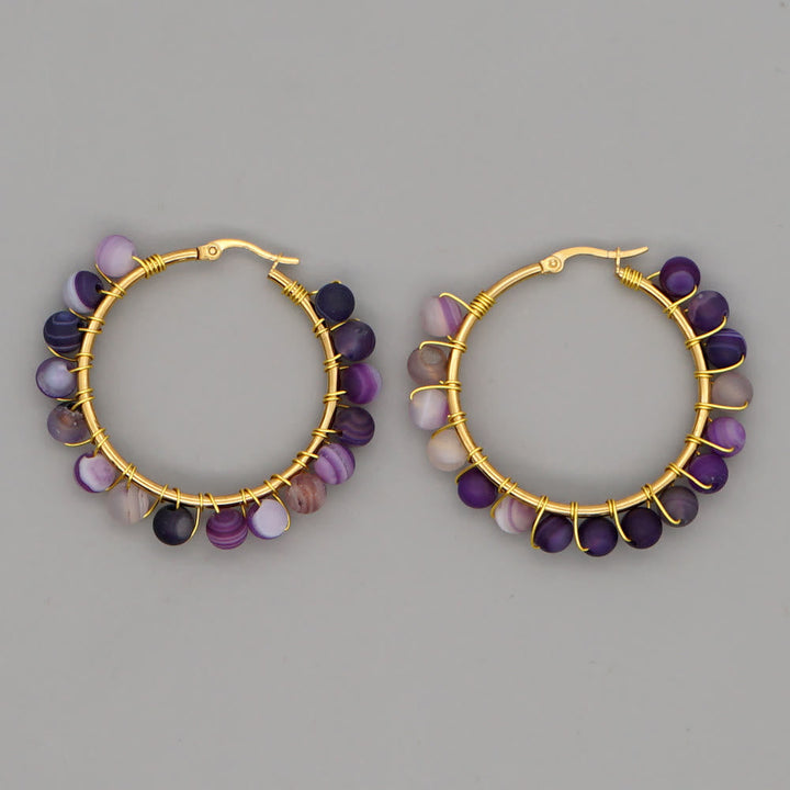 Boho Natural Crystals Large Hoop Earrings - Sanne-Purple Malachite-Nora Luxe