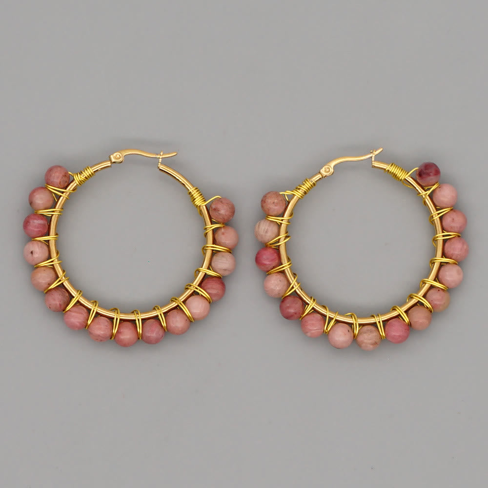 Boho Natural Crystals Large Hoop Earrings - Sanne-Rhodonite-Nora Luxe