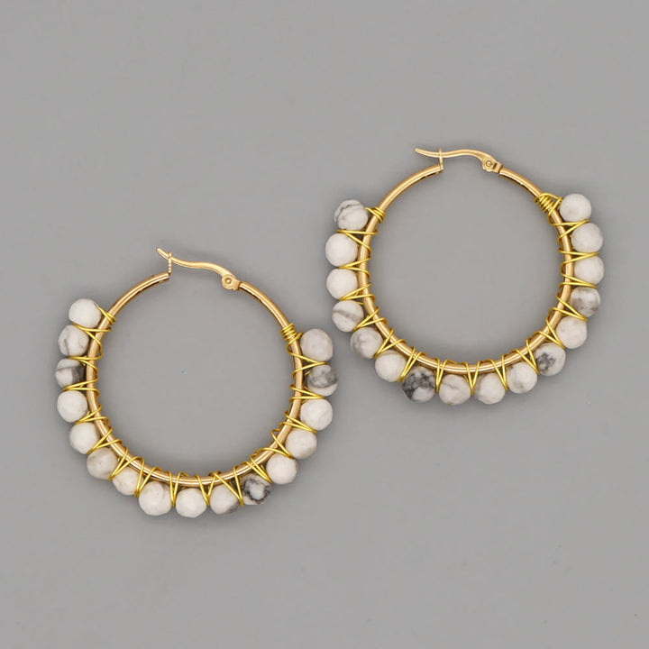 Boho Natural Crystals Large Hoop Earrings - Sanne-White Turquoise-Nora Luxe