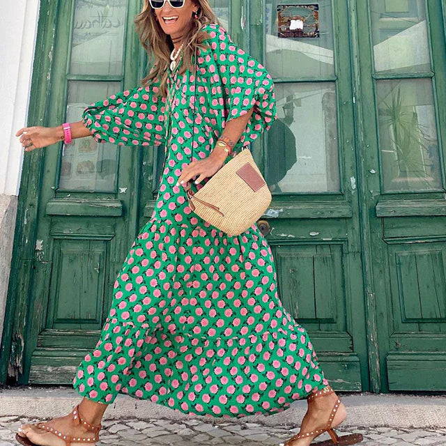 Boho summer dress in Ibiza style with a loose fit – Elira-Green & Roses-S-Nora Luxe