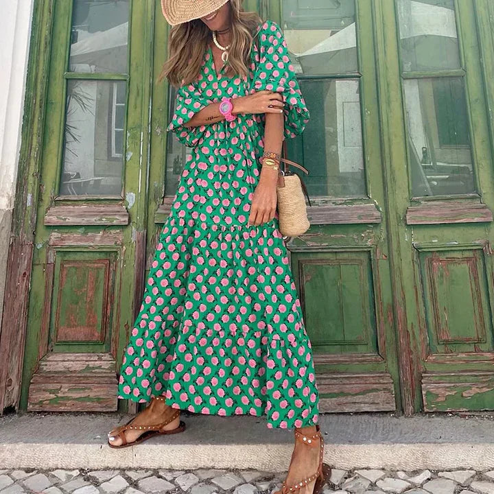 Boho summer dress in Ibiza style with a loose fit – Elira-Green & White-S-Nora Luxe