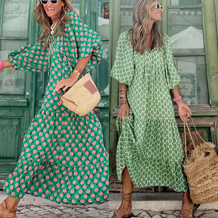 Boho summer dress in Ibiza style with a loose fit – Elira-Green & White-S-Nora Luxe