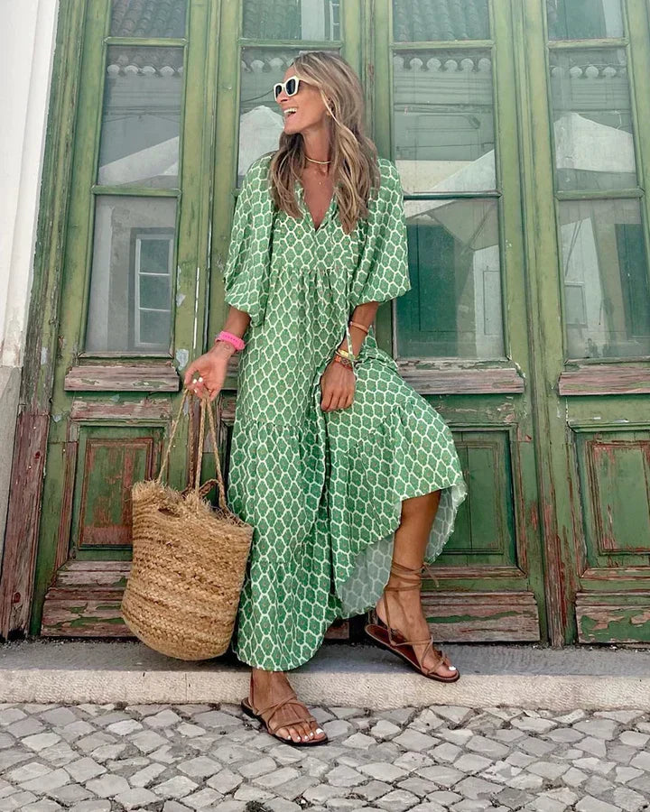 Boho summer dress in Ibiza style with a loose fit – Elira-Green & White-S-Nora Luxe