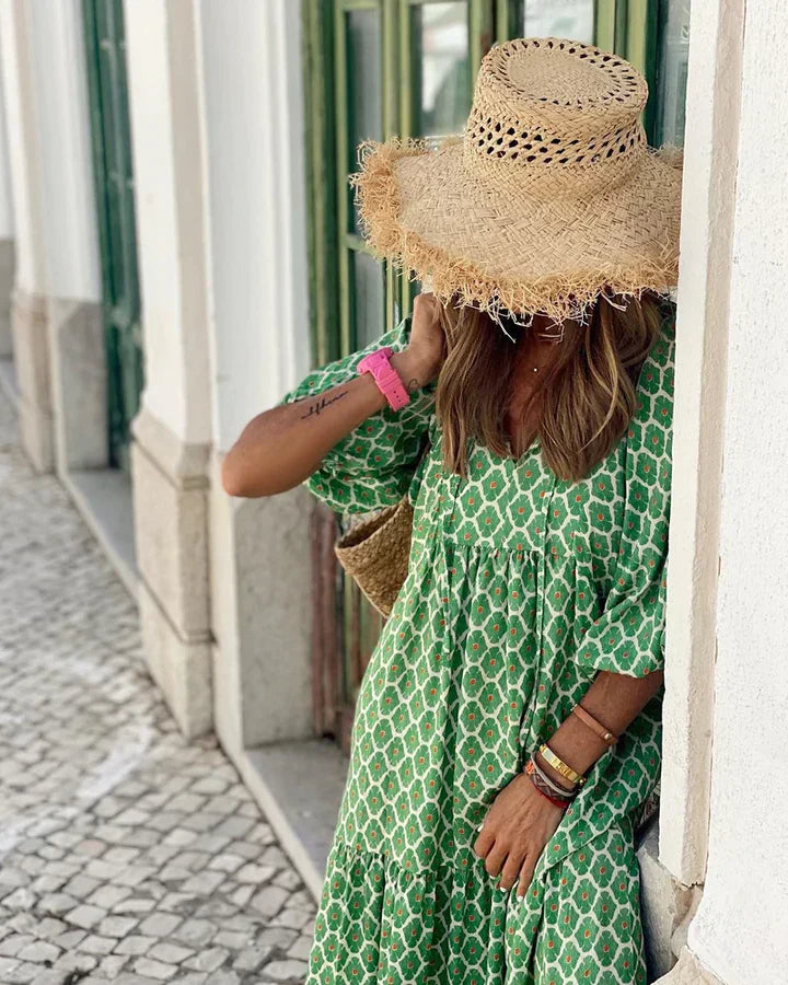 Boho summer dress in Ibiza style with a loose fit – Elira-Green & White-S-Nora Luxe