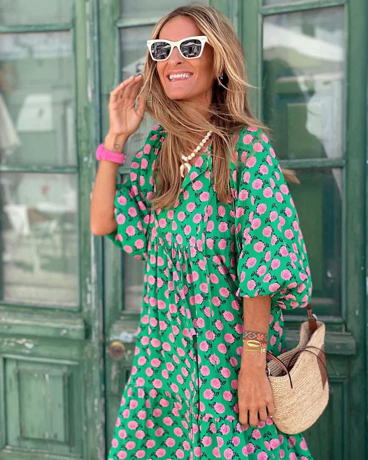 Boho summer dress in Ibiza style with a loose fit – Elira-Green & White-S-Nora Luxe