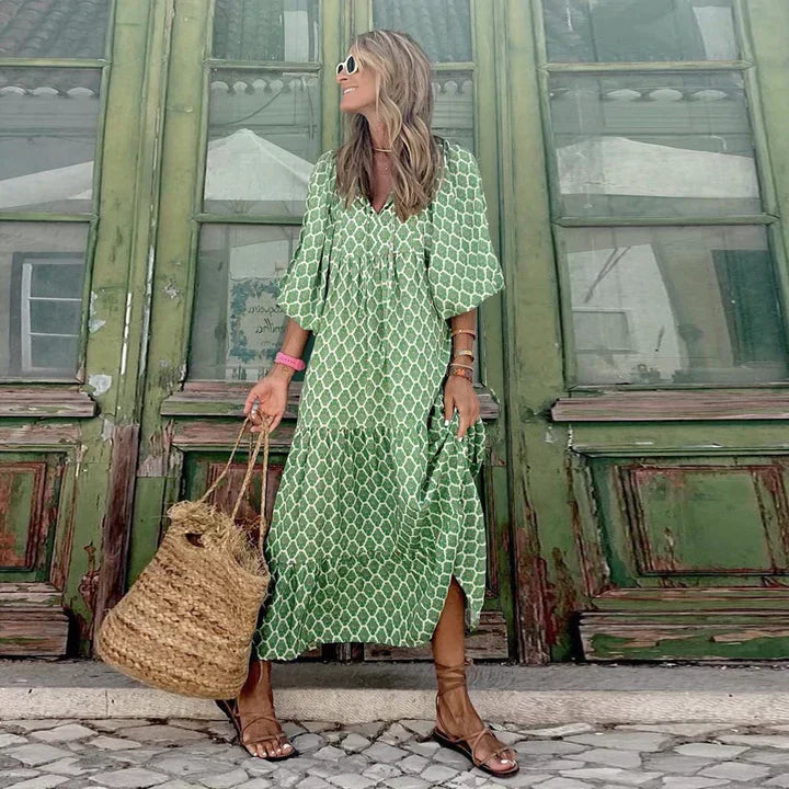 Boho summer dress in Ibiza style with a loose fit – Elira-Green & White-S-Nora Luxe
