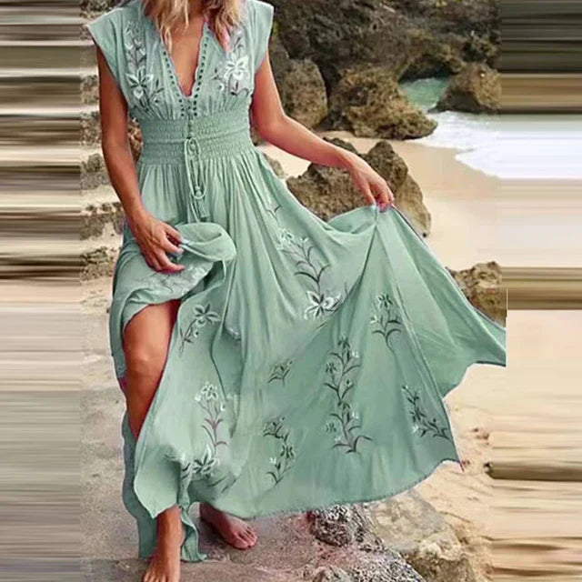 Boho summer midi dress with V-neck and airy cut – Talia-Light green-S-Nora Luxe