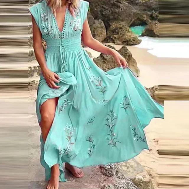 Boho summer midi dress with V-neck and airy cut – Talia-Sky blue-S-Nora Luxe