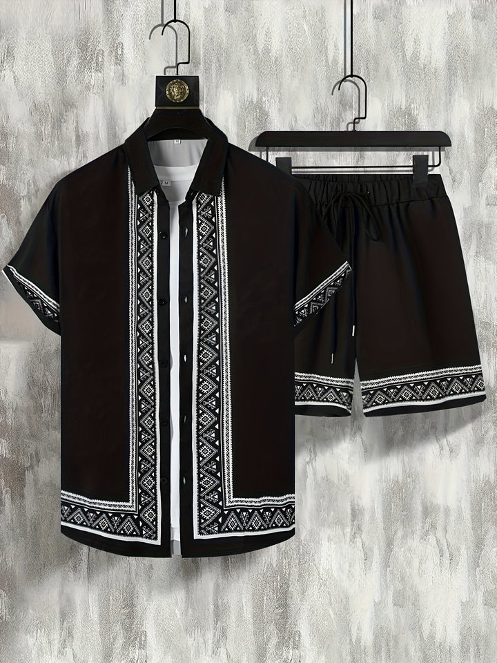 Boho Summer Set Men Two-Piece Shirt and Shorts Relaxed - Malik-Black-M-Nora Luxe