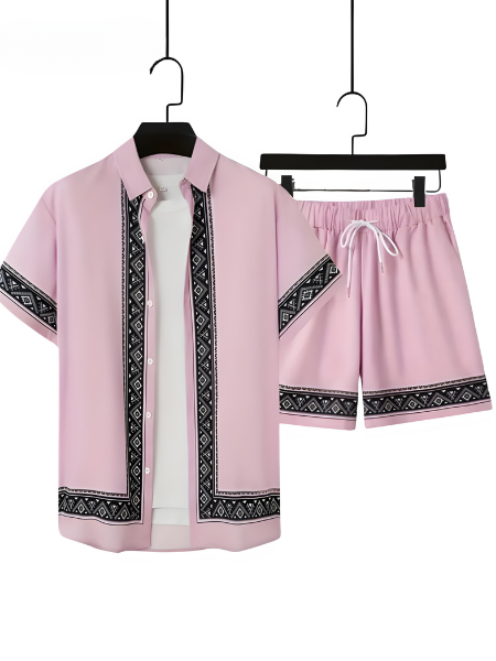 Boho Summer Set Men Two-Piece Shirt and Shorts Relaxed - Malik-Pink-M-Nora Luxe