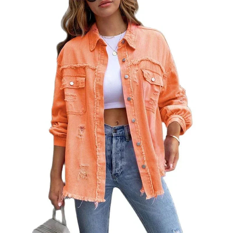Boho women's denim jacket with Ibiza flair & slim fit for spring/summer – Yara-Orange-S-Nora Luxe