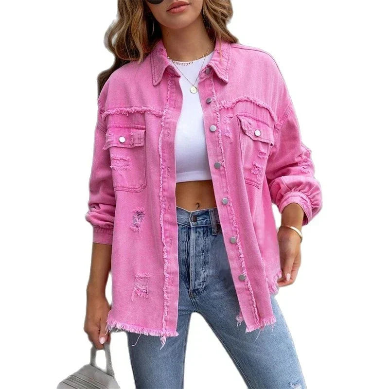 Boho women's denim jacket with Ibiza flair & slim fit for spring/summer – Yara-Pink-S-Nora Luxe