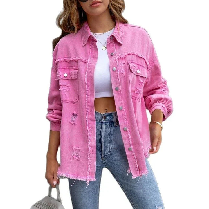 Boho women's denim jacket with Ibiza flair & slim fit for spring/summer – Yara-Pink-S-Nora Luxe