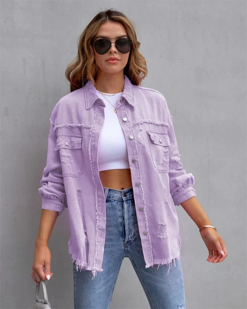 Boho women's denim jacket with Ibiza flair & slim fit for spring/summer – Yara-Purple-S-Nora Luxe
