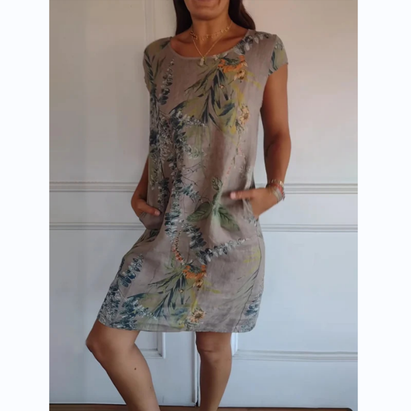 Botanical summer dress with round neck & floral A-line shape – Elvira-Khaki-S-Nora Luxe