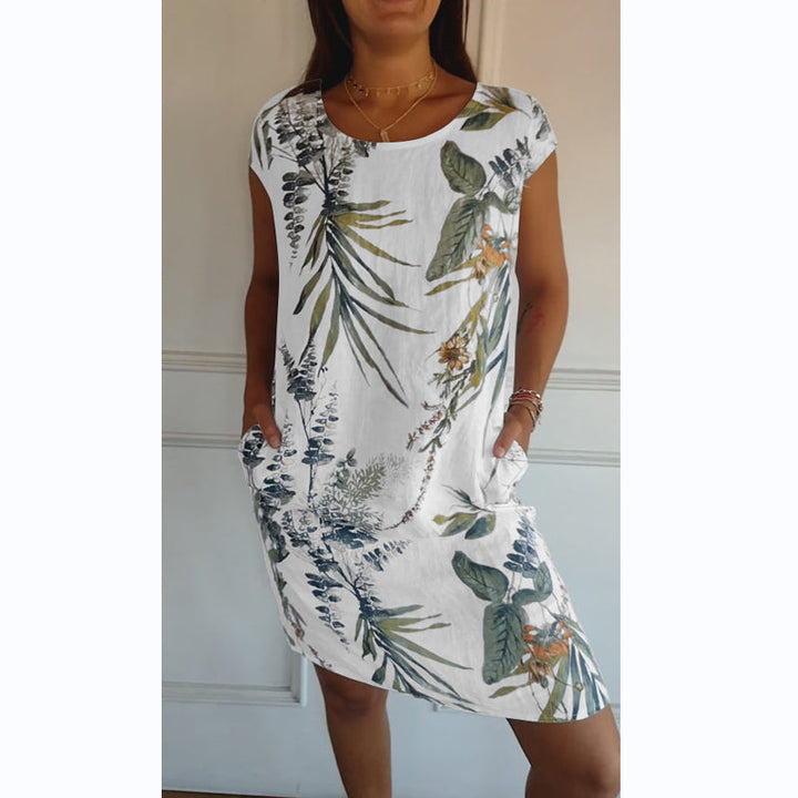 Botanical summer dress with round neck & floral A-line shape – Elvira-White-Green-S-Nora Luxe
