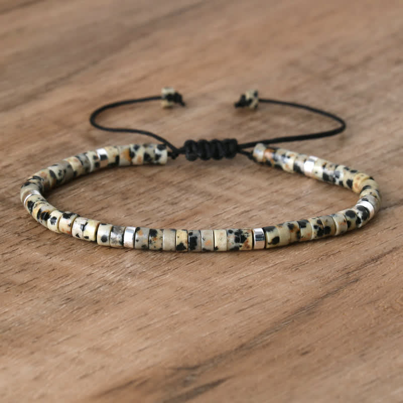 Braided Bracelet with 2.4 mm Natural Stone Rollers - Seraphina-Dalmatian jasper-Nora Luxe