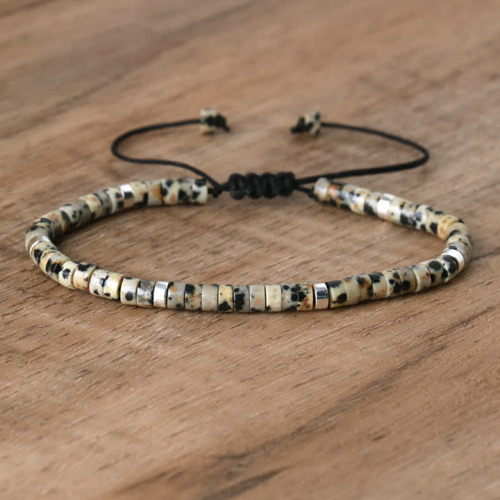 Braided Bracelet with 2.4 mm Natural Stone Rollers - Seraphina-Dalmatian jasper-Nora Luxe