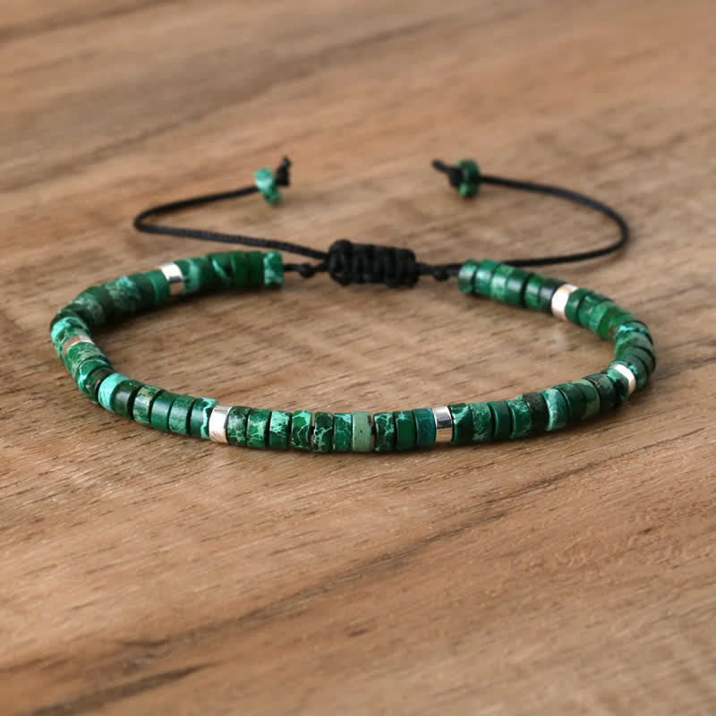 Braided Bracelet with 2.4 mm Natural Stone Rollers - Seraphina-Dark green emperor stone-Nora Luxe
